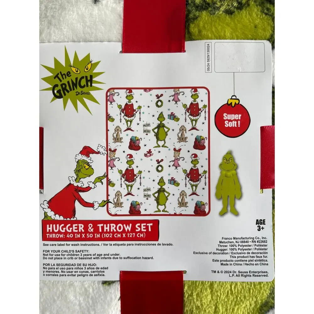 Dr. Seuss The Grinch Throw with Character Christmas Pillow Plush Set NEW Green